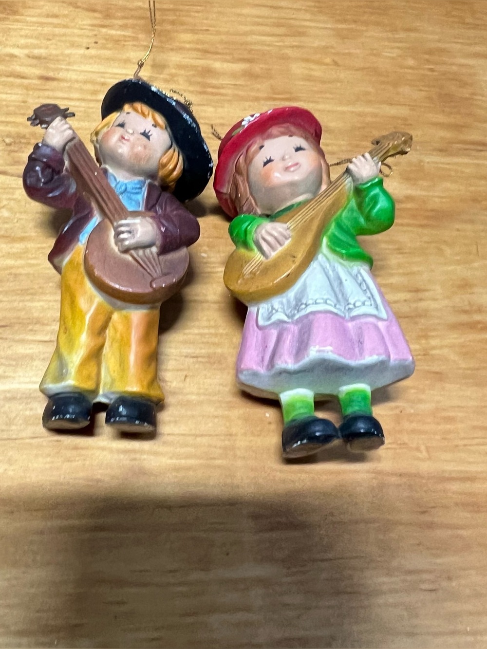 Vtg Bradford Boy Girl Christmas Ornament Banjo Music Instrument Hong Kong Set
